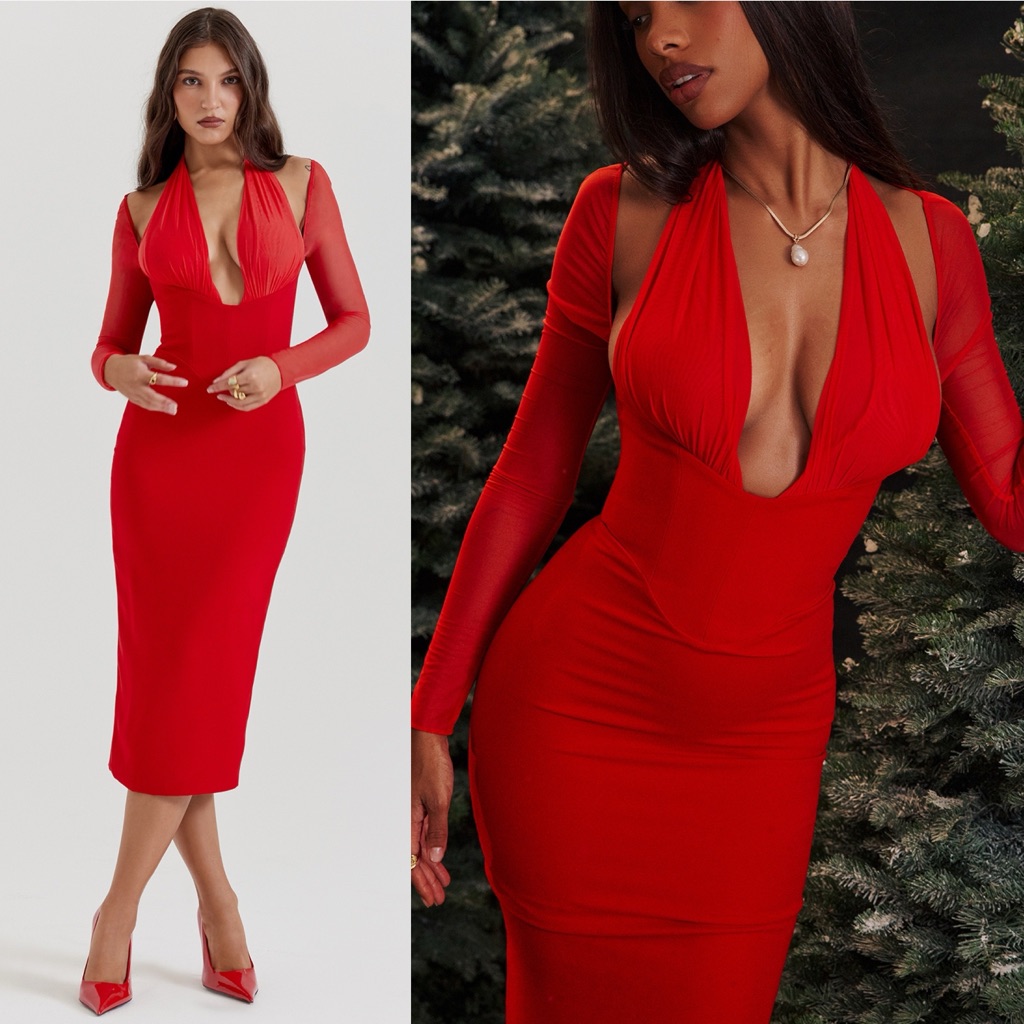 House Of Cb 'Yasmin' Scarlet Plunge Midi Dress Nwot
